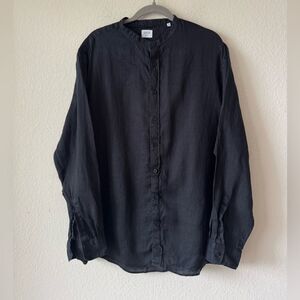 Celio Men’s Black 100% Linen Long Sleeve Band Collar Shirt XXL Minimalist Beach